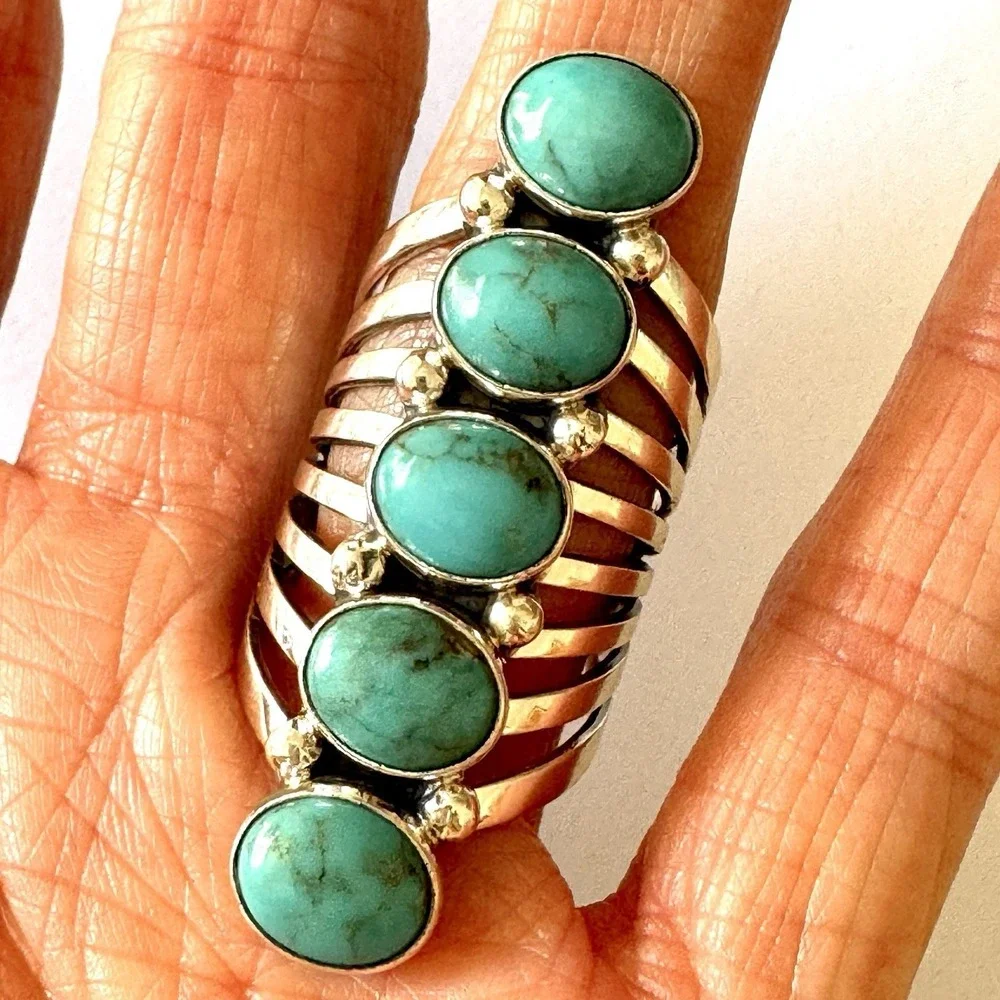 Long Navajo Ring Sz 9 Signed Yazzie Turquoise Sterling Native American 5 Stone